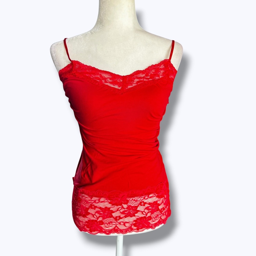 Vintage Y2K Wet Seal Lace Cami Tank Top L Red Fairycore Sexy 2000s Layering